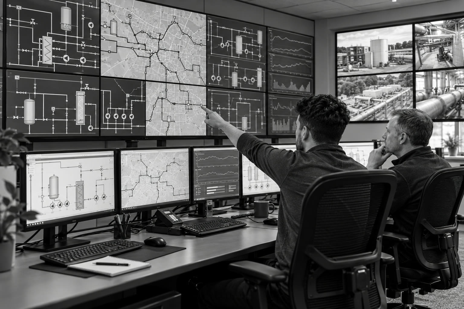 AI illustration: operators in a district energy control room