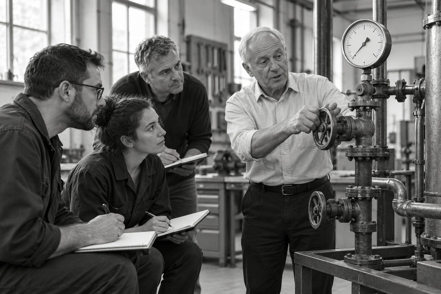 AI illustration: an instructor shows a small group how to operate a valve on a training rig