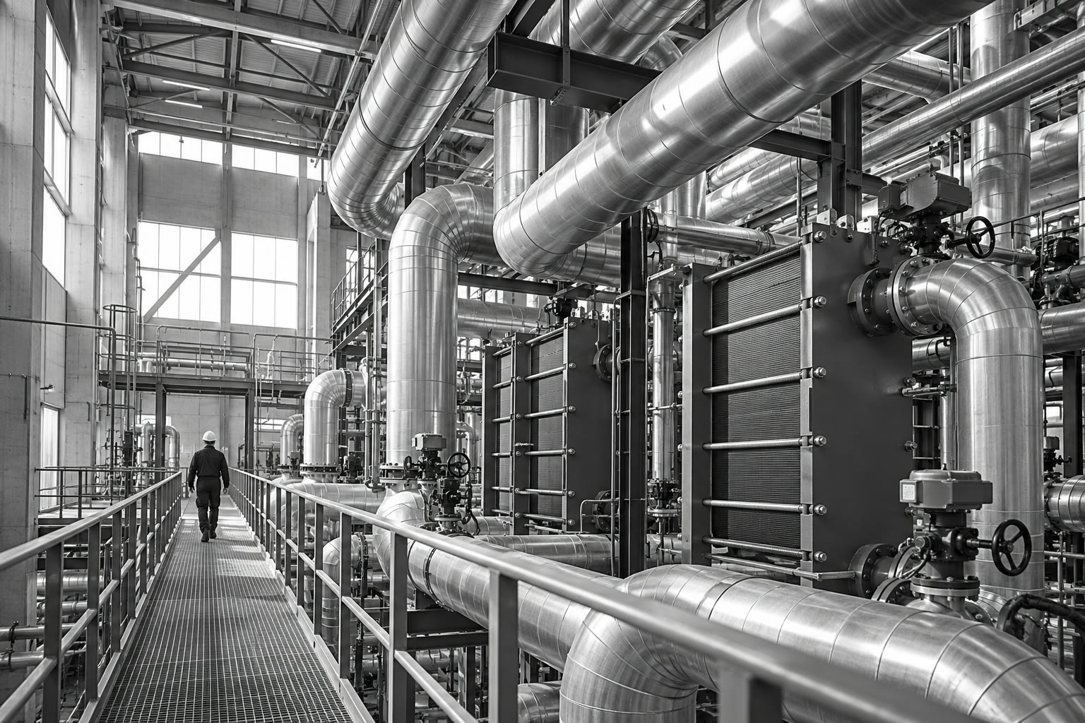 AI illustration: interior of a district heating plant with a technician on a gangway
