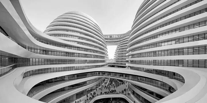 Curved modern architecture seen from below