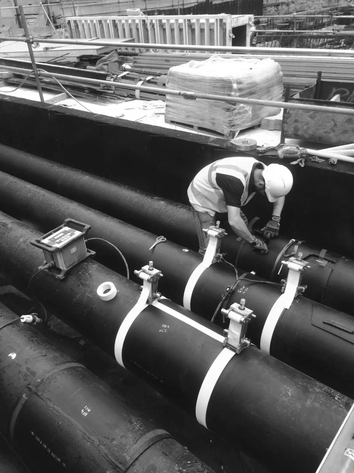 A worker between large insulated pipes